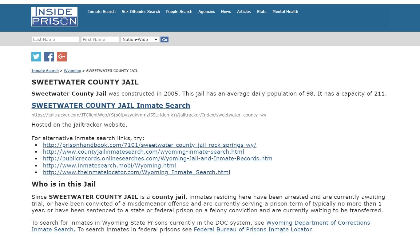 SWEETWATER COUNTY JAIL - Wyoming - Inmate Search